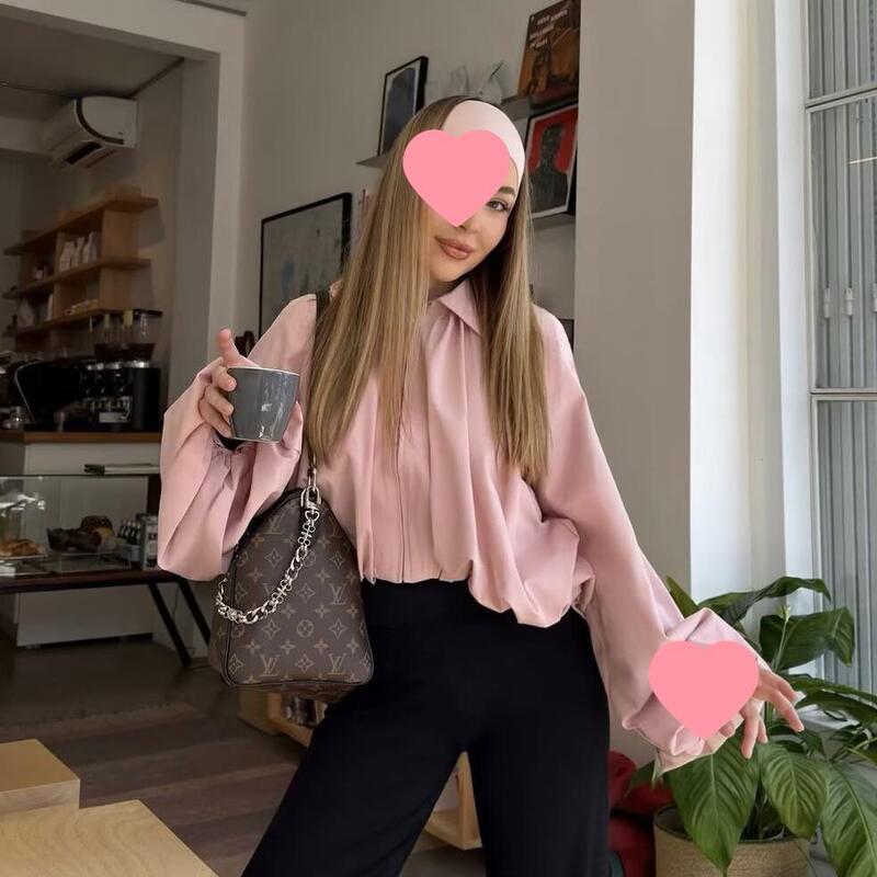 European and American Style Pleated Jacket for Women with Lapel, Zipper, and Waist-Cinching Design, Spring and Autumn Puff Sleeve Short Coat, Loose Fit