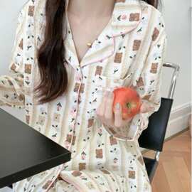 韩国ins女士韩版秋季双层纱可爱熊碎花长袖长裤睡衣家居服套装女