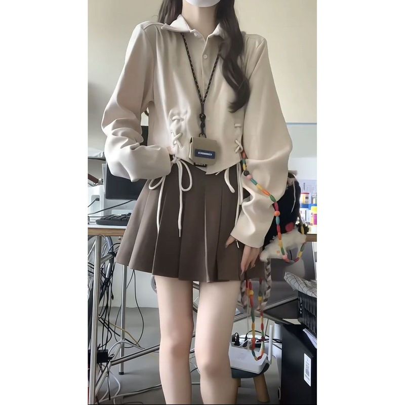 两件套装女 秋季新款学院风绑带长袖衬衫上衣女+百褶短裙休闲套装|undefined
