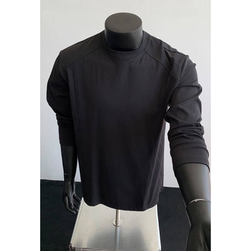White Small Neckline Regular Shoulder Sweatshirt For Men, Autumn Cleanfit, Wide Shoulder, Long Sleeve T-Shirt, American_voghion.com