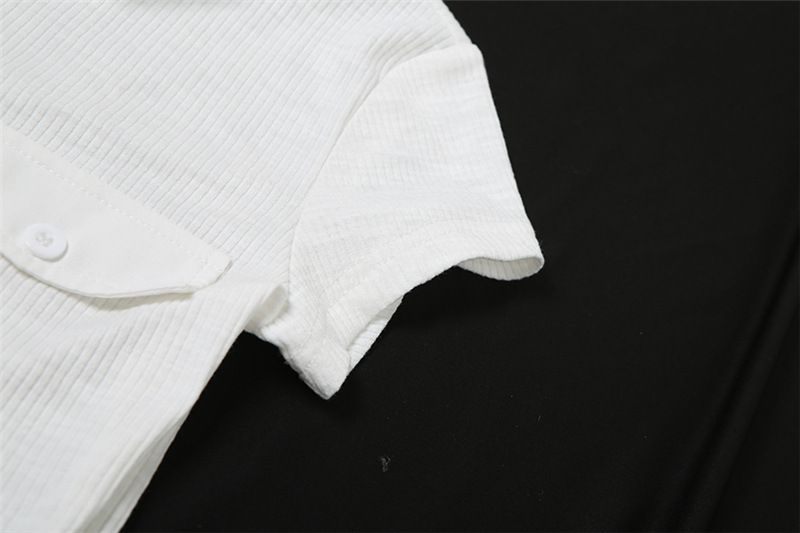 Spring Women Clothing Personality Collared Button Slim Slimming Pleated Contrast Color Short Sleeve Dress