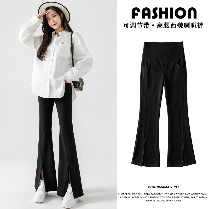Maternity pants for spring, cropped length, straight-leg, with slits, plus-size trousers for outerwear, summer professional wear, flared pants Maternity pants for spring, cropped length, straight-leg, with slits, plus-size trousers for outerwear, summer professional wear, flared pants