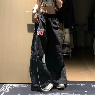美式复古08国旗印花阔腿裤女宽松拖地休闲裤春夏新款百搭潮牌长裤