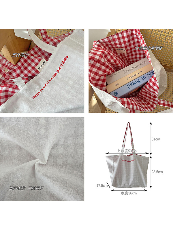 2025 春夏新作ショルダーバッグ韓国スタイル怠惰なキャンバスバッグシンプルな刺繍両面チェック柄コントラストカラーバッグ|undefined