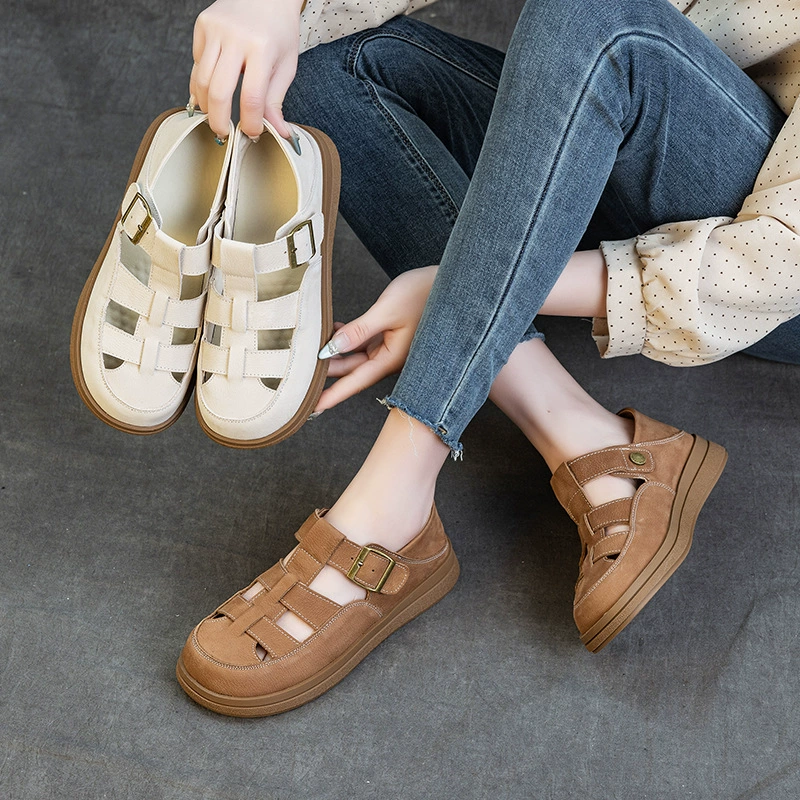 2025 весна лето новый первый слой кожи женские сандалии на мягкой подошве римские туфли