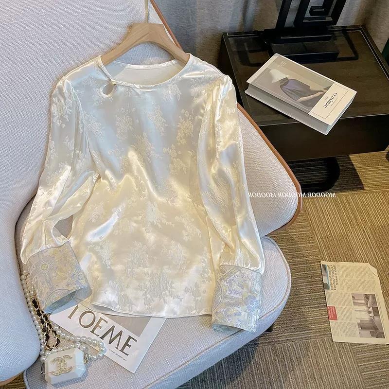 アセテート新中国風の女性の国民風刺繍コントラストカラーシャツ 2025 春宋錦インナー改良唐スーツトップ|undefined