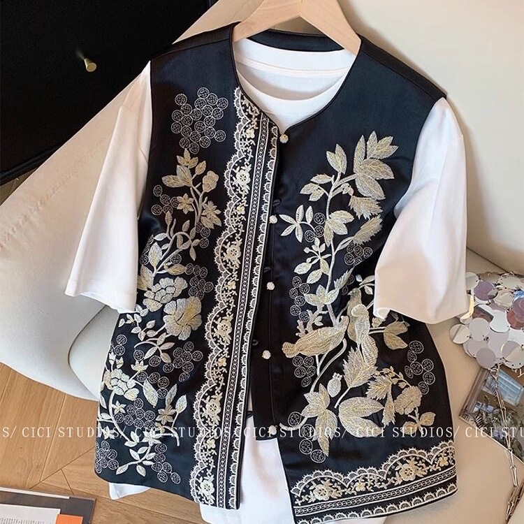 New Chinoiserie Gold Silk Embroider Acetate Satin Vest for Women 2025 Early Spring New Style National Style Waistcoat Vest