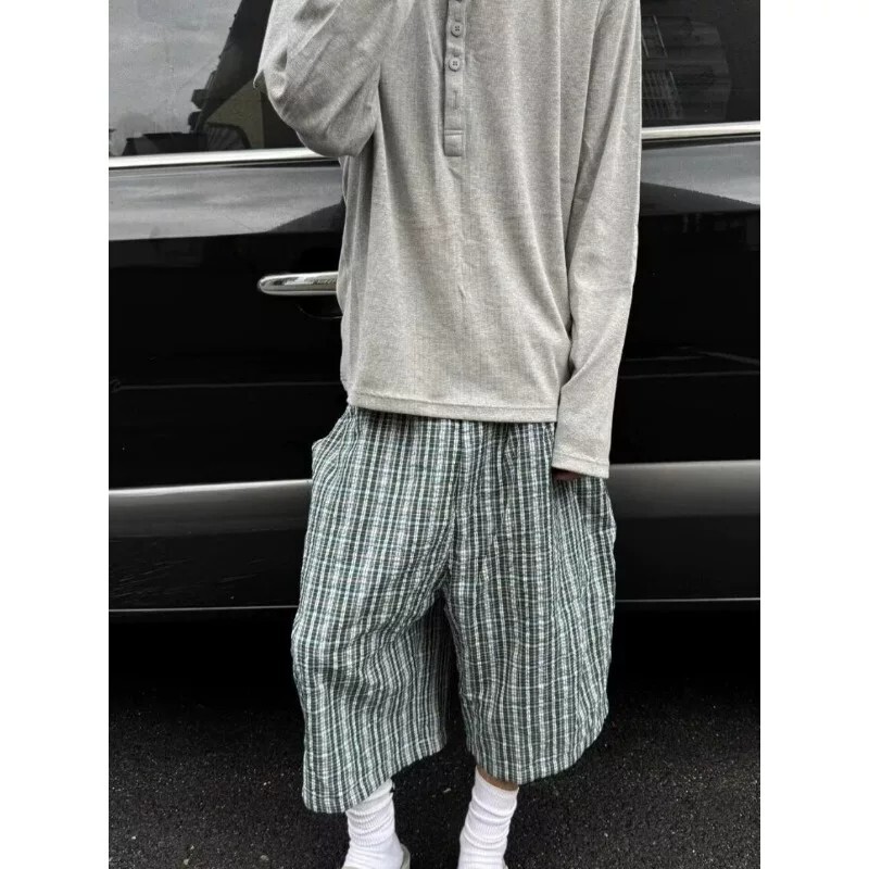 Blue and Green Plaid Loose-Fitting Cropped Pants, Unisex, Versatile Design, Summer Wide-Leg Casual Shorts, Trendy