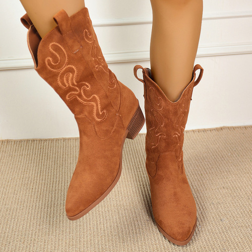 2025 cross-border foreign trade new popular knight boots pointed thick heels women's new all-matching foot, western cowboy style