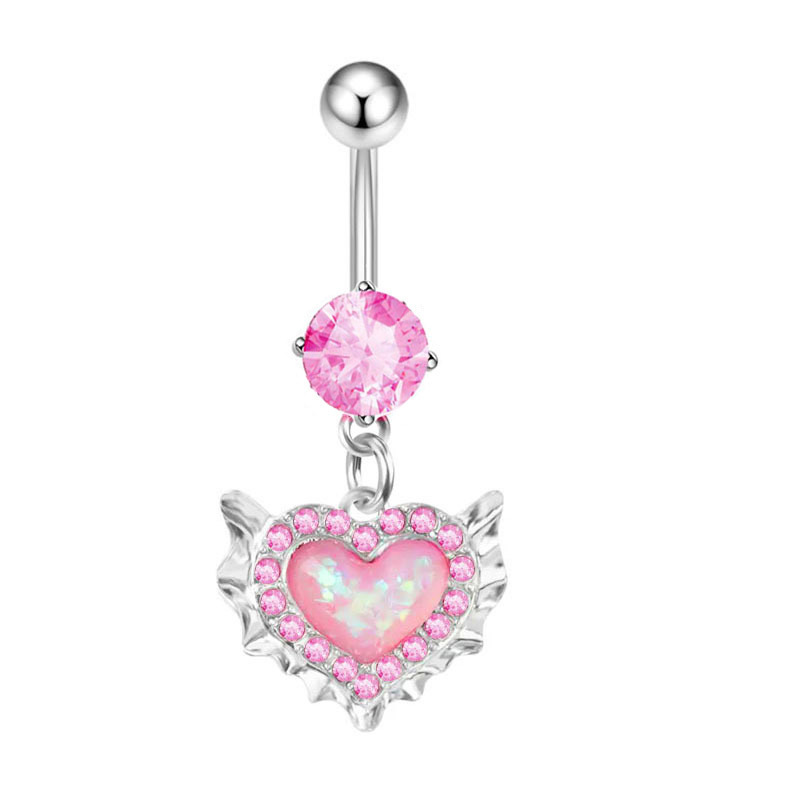 Stainless Steel New Pink Heart-Shaped Opal Belly Button Ring Clip Earrings Nose Stud Body Piercing Jewelry_voghion.com