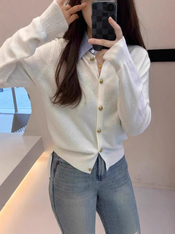 女性用フェイクツーピースニットカーディガン、韓国風春秋新デザイン、コントラストカラーセータージャケット、万能トップトレンド|undefined