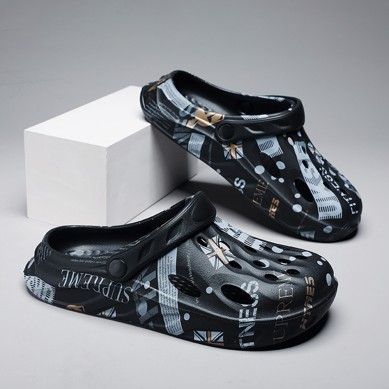 Los grandes fabricantes de Fujian zapatos con agujeros para hombres en la playa de verano 2025 nueva marca de moda perezosa plataforma de suela gruesa sandalias Baotou