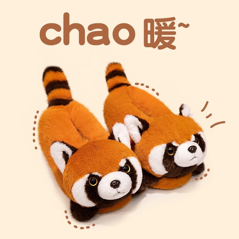 Cute Red Panda Fox Cotton Slippers Home Indoor Warm Winter Bag Heel Furry Shoes Floor Shoes Dormitory Cotton Shoes