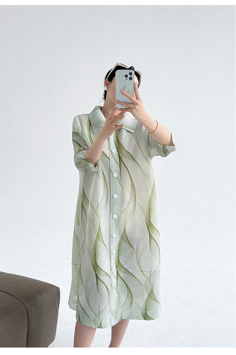 Váy maxi nữ thắt eo họa tiết vẽ mực phong cách lạnh giá — Màu xanh lục nhạt chi tiết 12