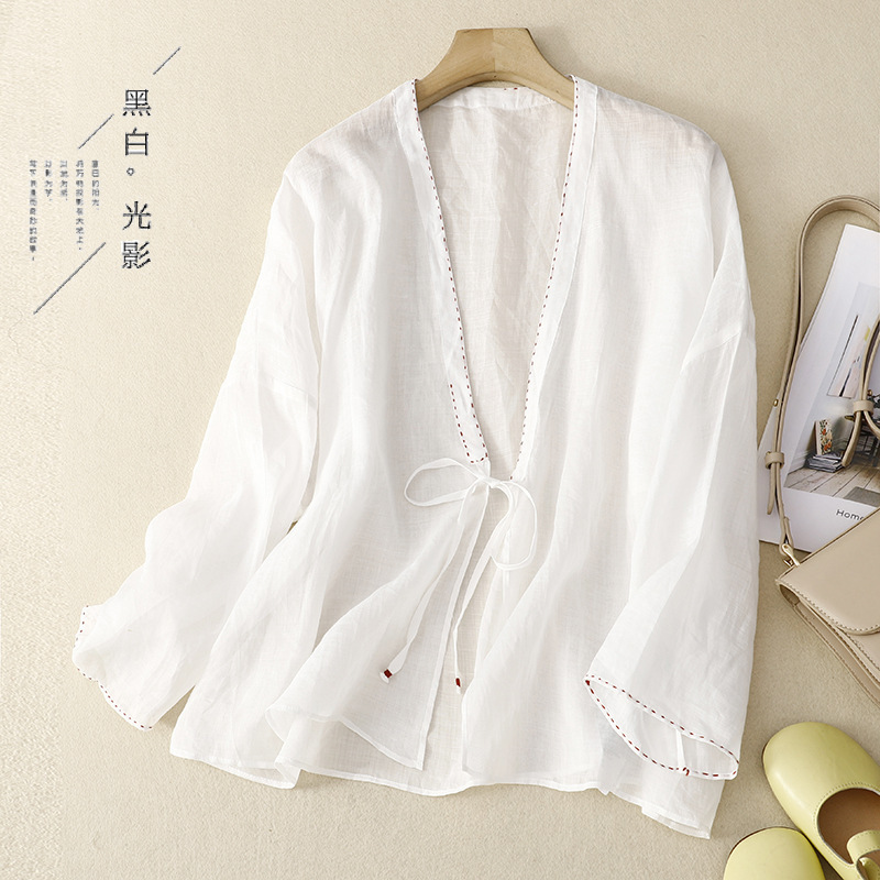 Real Shot Spot 2025 Spring and Summer New Shirt Literary Retro Embroidery Thread Simple Loose Sun Protection Gauze