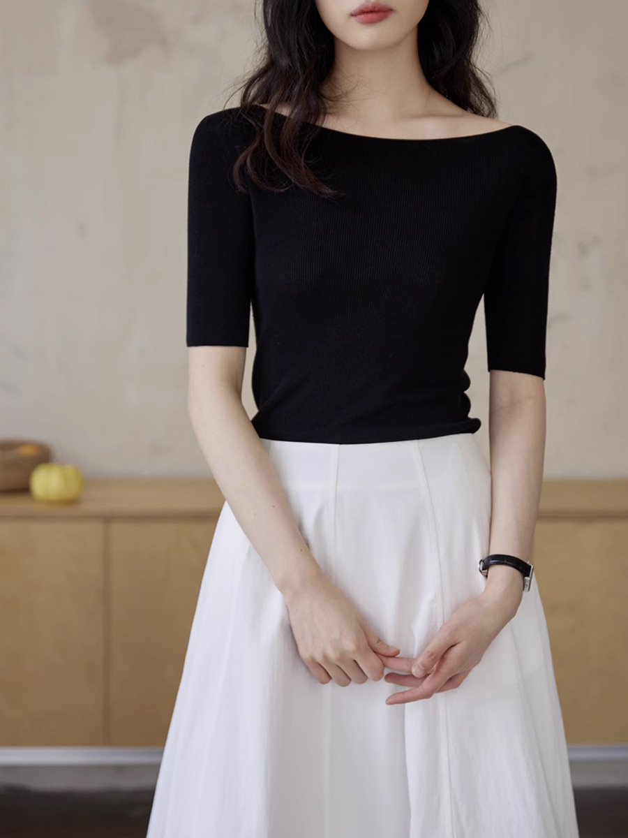 Áo dệt kim Tencel tay lỡ cổ chữ I kiểu Pháp nữ mùa hè — Màu đen