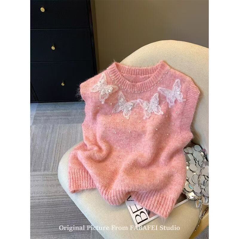 New Vest Top Heavy Knit Sweater 2025 Vest Butterfly Knit Spring Sleeveless Beaded Lace Three-Dimensional