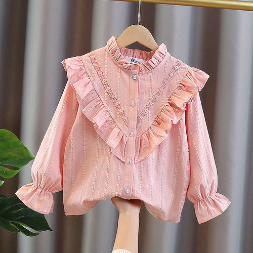 Stock girls 'cotton shirts in spring and autumn new style for middle and middle children's Western-style long-sleeved shirts for children's sweet shirts and thin style tops