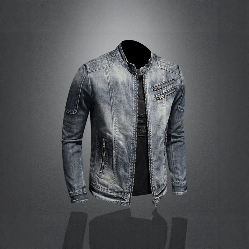 Spring and autumn season, retro denim jacket for men, trendy oversized fit, slim-fit outerwear, vintage stand-up collar