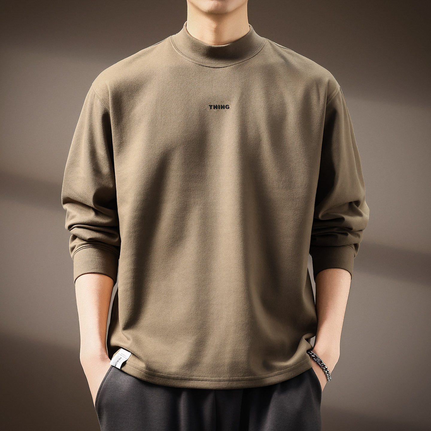 가을 겨울 남성용 하이 엔드 미국산 벨벳 하프 터틀넥 긴팔 티셔츠 따뜻한 긴팔 솔리드 컬러 캐주얼 심플 스웨트 셔츠