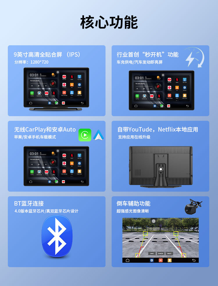 Cross-Border 9inch Smart Screen Portable Screen Wireless Android Car Central Control Multimedia Recorder High-Definition Reversing Image