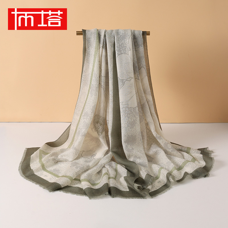 Buta 2025 New Autumn and Winter 200-Count Water-Soluble Wool Printed Scarf Long Scarf Shawl Women's Outer Turban K659