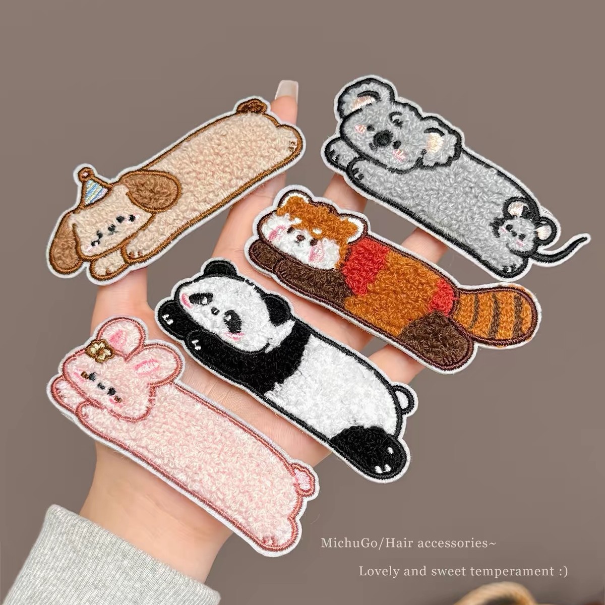 Cute plush little raccoon hair clip with magic tape, panda and puppy hair tidying bangs clip, bunny hair accessory