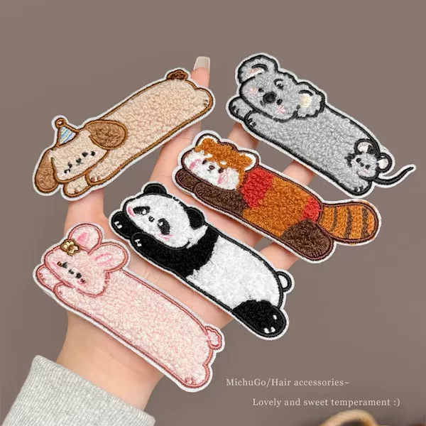 Cute plush little raccoon hair clip with magic tape, panda and puppy hair tidying bangs clip, bunny hair accessory