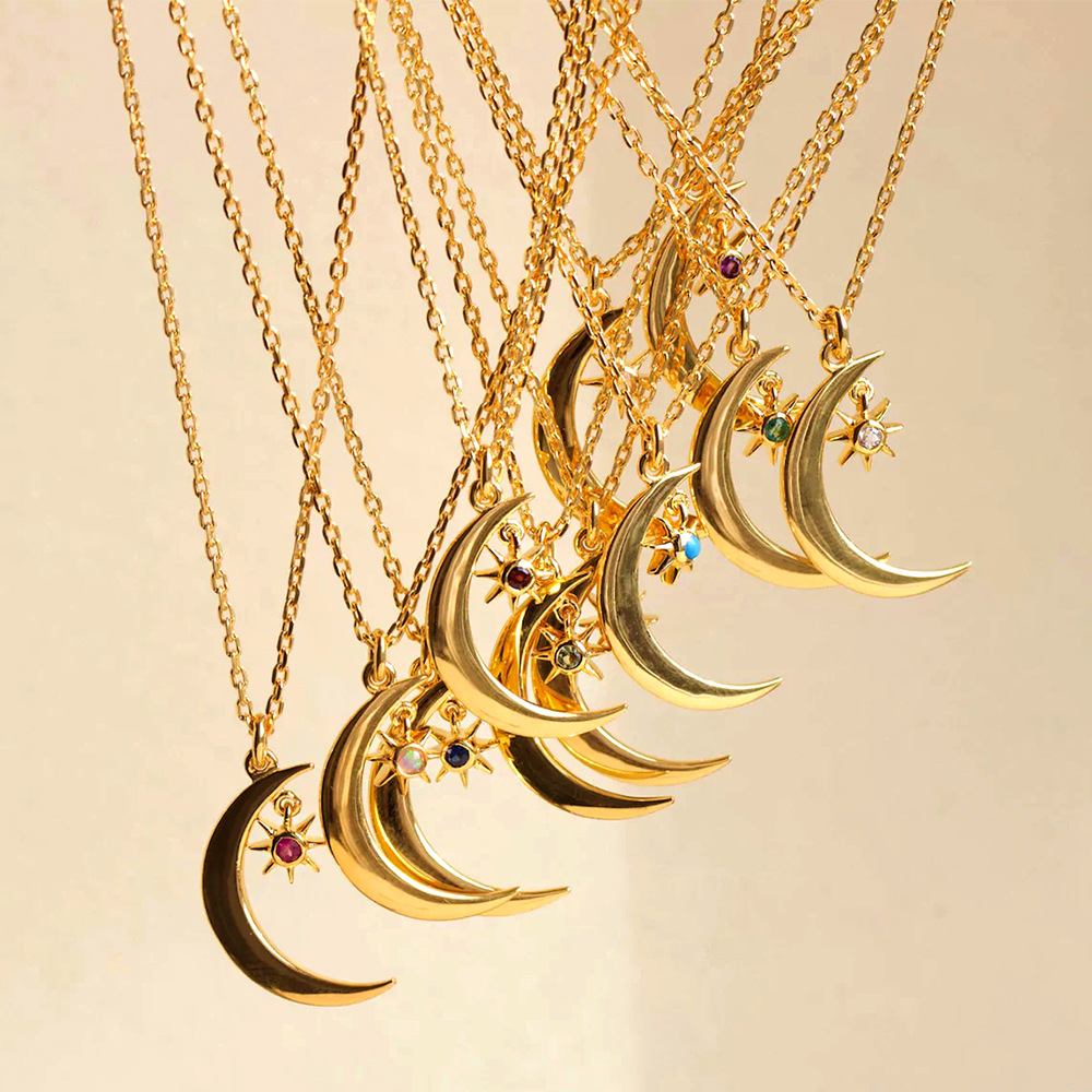 10g Weight Birthstone Inlay Material Pendant Necklace Classification cable chain Chain Type 1 Piece Quantity 925 Sterling Silver Birthstone Cable Chain Inlay Star Moon Pendant Necklace