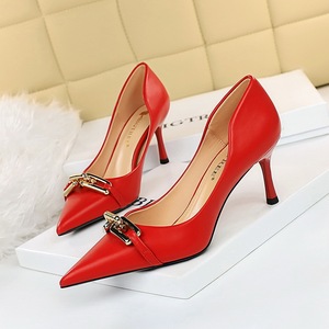 386-1 European and American elegant women's shoes thin heels high heels shallow mouth pointed hollow metal buckle d