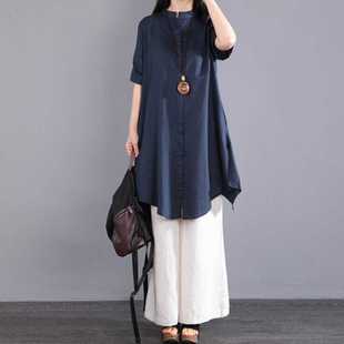 Summer New 2024 plus size Women's Cotton and Linen Top Mid-length Solid Color Artistic Loose Short-sleeved Shirt