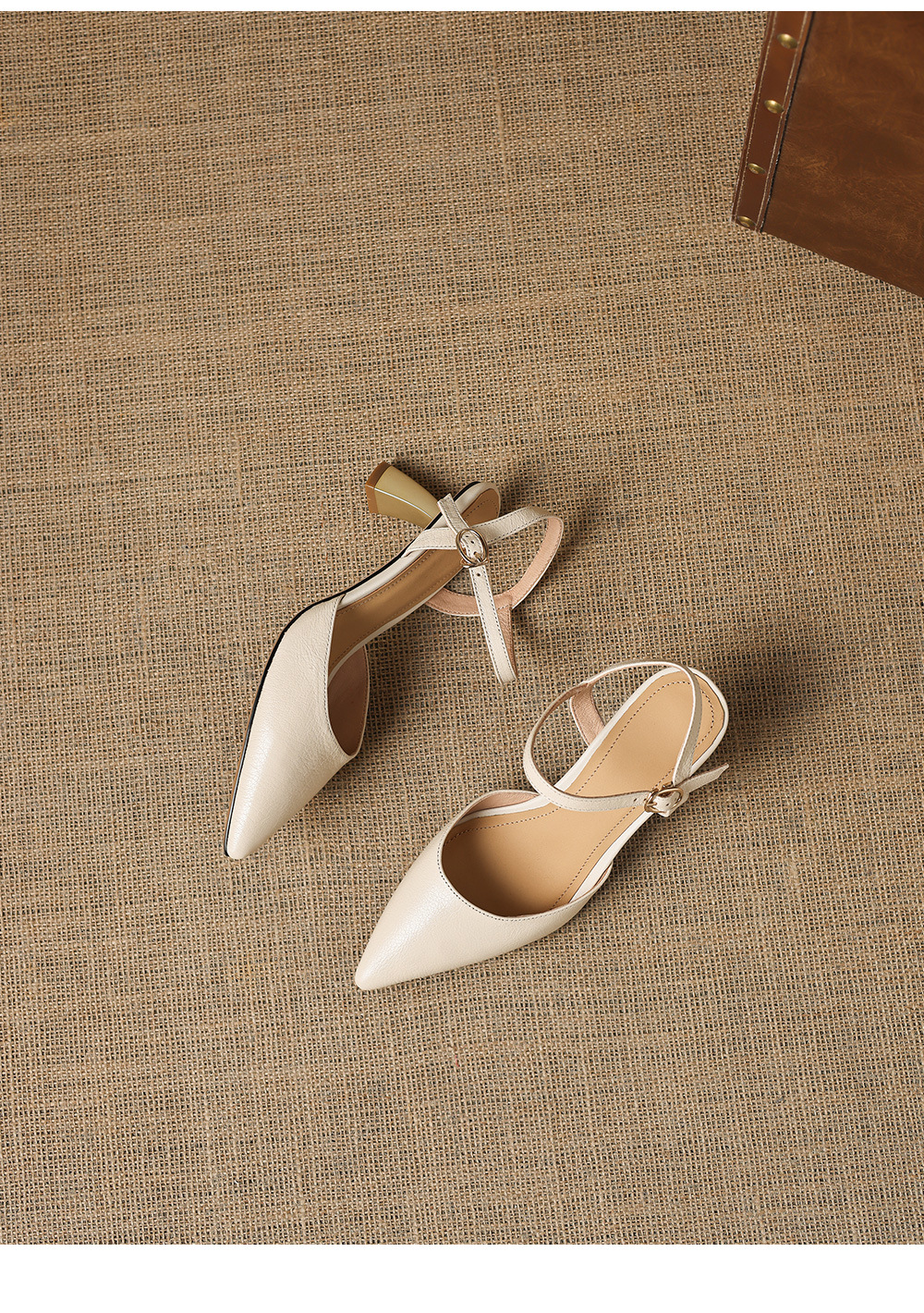 Sandal cao gót nữ mũi nhọn quai ngang da cừu bọc mũi — màu trắng ngà chi tiết 16