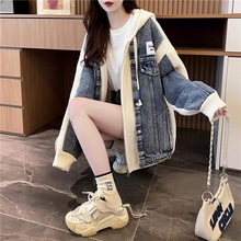 G宽松慵懒风牛仔布拼接毛衣开衫女2025新款秋冬季韩版连帽针织外