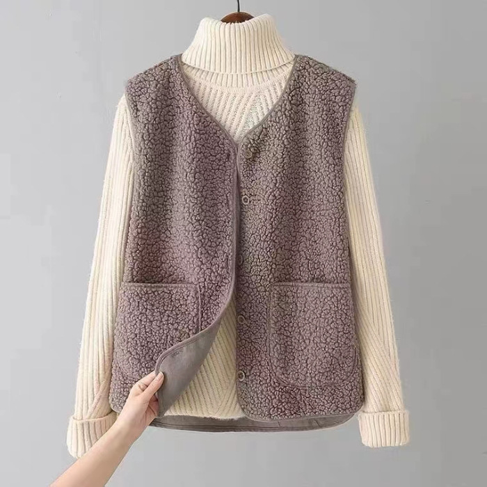 Women's Faux Shearling Vest - Lightweight Fleece-Lined Sleeveless Jacket For Fall Fashionable Temperament Fur One Piece Outerwear Vest Waistcoat_ecoleips.com