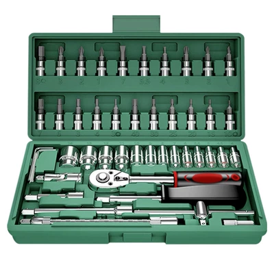 Socket Set, Complete Range of – Mühərrik tənzimləmə alətləri - 46pc-auto-repair-socket-green-red-and-black-random-fixed-color-box