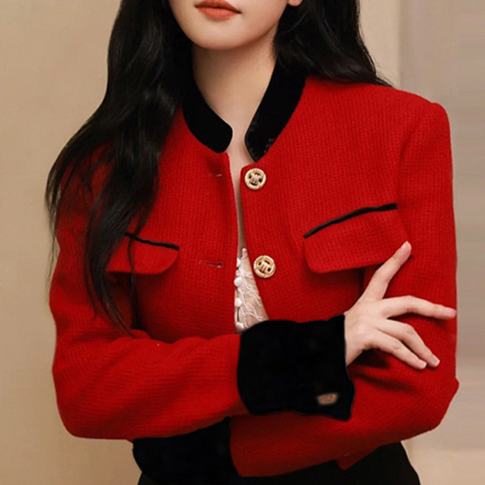 Socialite-Style Chanel-Inspired Jacket, High-End Tweed Short Jacket, 2026 Spring Women's Fashion, Red Top for Spring and Autumn