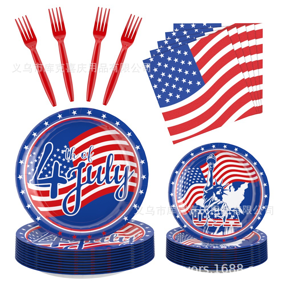 Día de la Independencia Fiesta temática de la bandera estadounidense Bandeja de papel Vaso de papel Toalla de papel Juego de vajilla Día de la Independencia Decoración de la fiesta