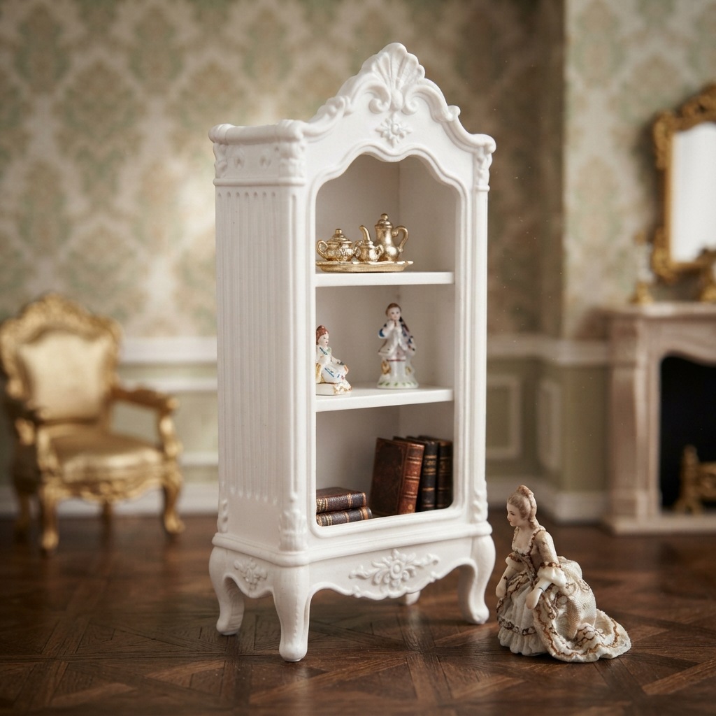 White Rococo multi-tiered shelf, 3D printed dollhouse, 1:12 scale European-style carved doll food play scene setup.