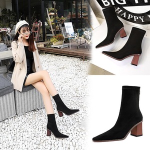 333-12 European and American wind wood with thick with high heel fashion show small square thin suede short boots sexy f