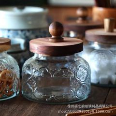 レトロな彫刻蓋付きガラス缶収納タンク台所密封雑穀密封瓶透明ガラス瓶
