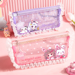 Lace Flower Edge Cartoon Girl Heart Large Capacity Pencil Case Transparent Zipper Pink-purple