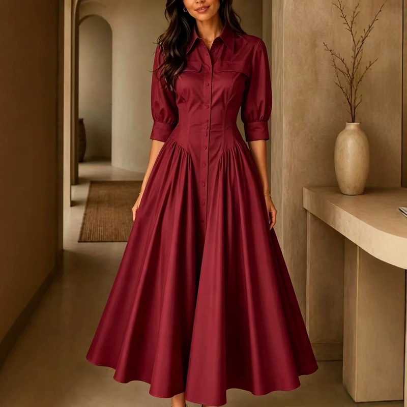 2026 Spring/Summer Cross-Border European and American Amazon Elegant Cotton-Linen Blend Buttoned High-Waist Solid Color Pocket Dress