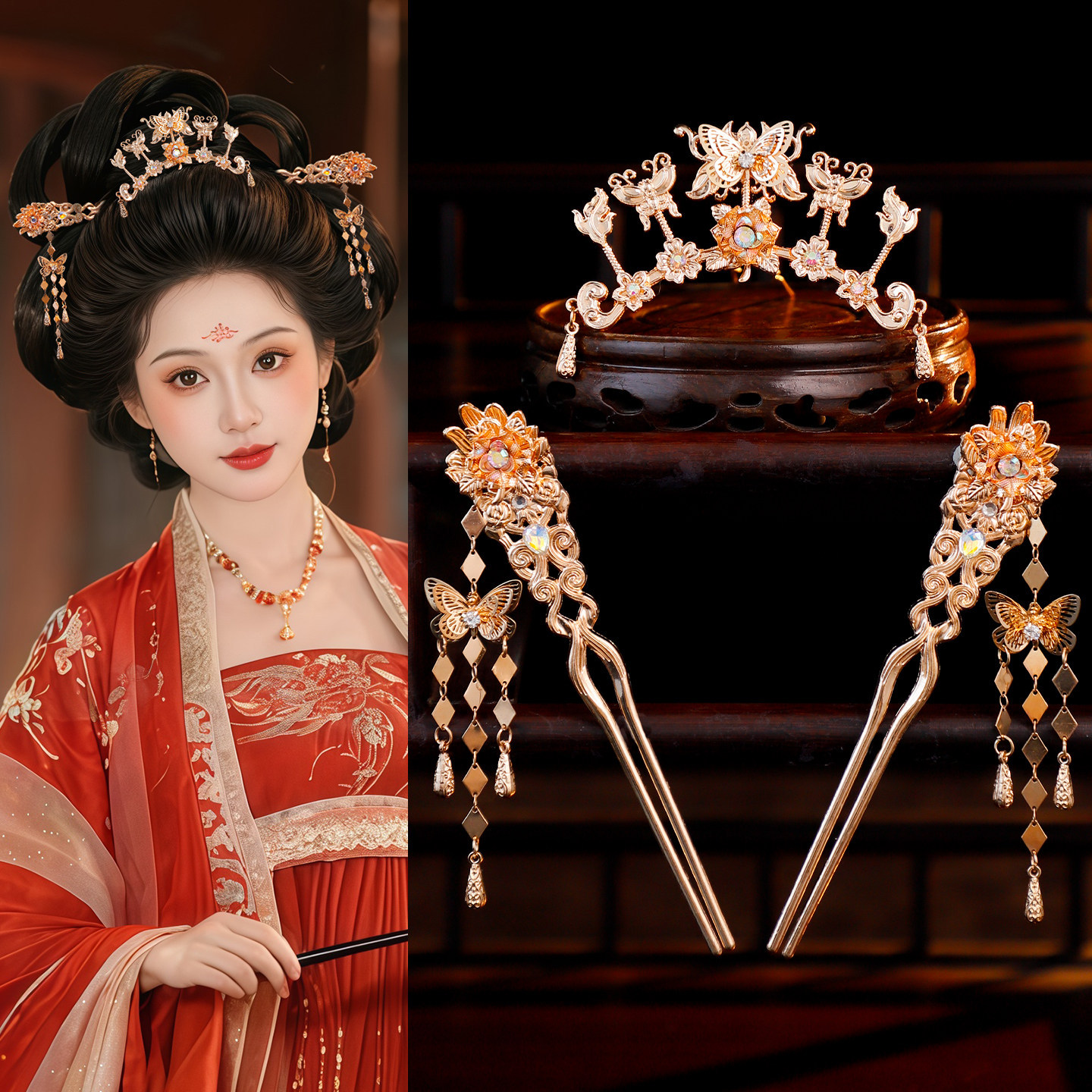 清新花朵蝴蝶发冠唐风气质蝴蝶发簪女古风汉服复古宫廷风流苏发簪