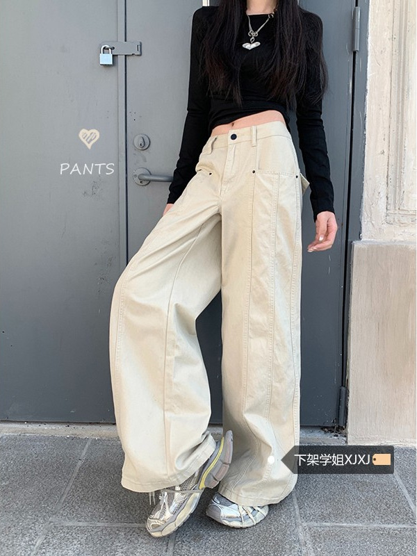 个性阔腿牛仔工装裤女夏季2025新款设计感高腰宽松显瘦直筒长裤子|undefined