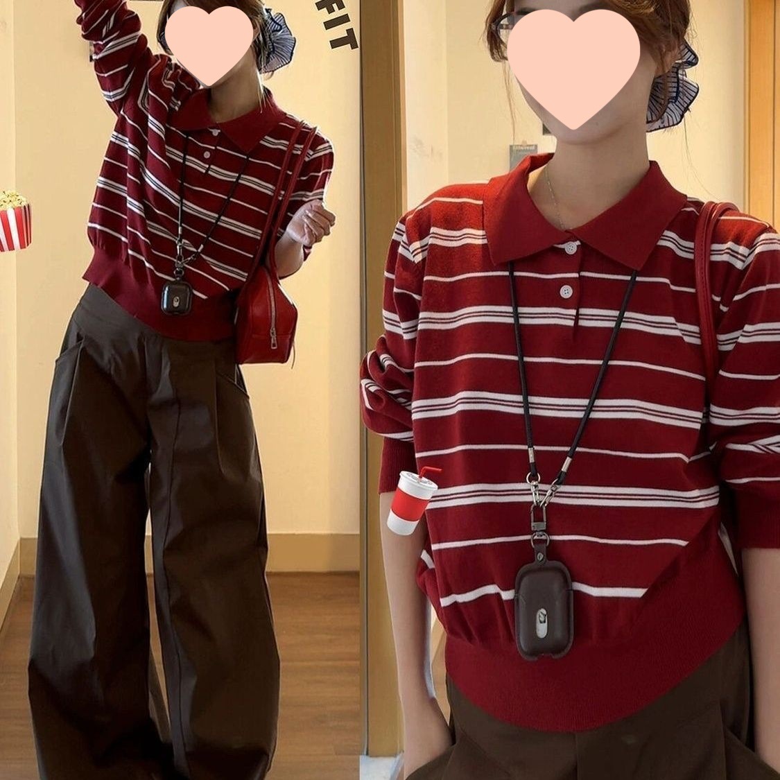 早秋季学院风慵懒长袖针织衫2025新款设计感红色条纹衫上衣