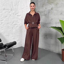 跨境欧美外贸女装2025秋季新款长袖翻领纯色收腰阔腿裤休闲套装女