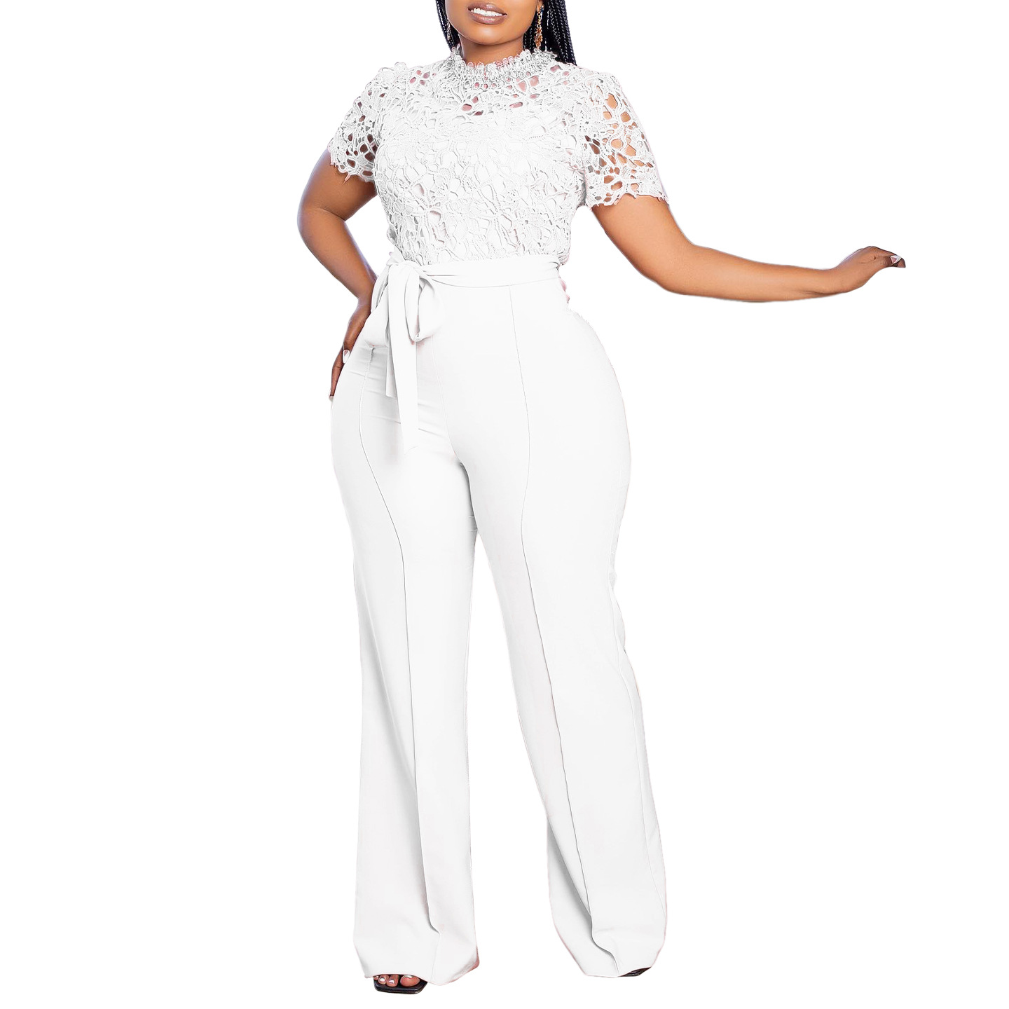 546g Weight Short Sleeve Sleeve Length Polyester Fabric Type High Waist Waist Line Jumpsuits Pants Type Daily Occasion Loose Fit Type Solid Color Pattern Summer Season Women's Gender Lace Design Casual Style Women's Daily Casual Solid Color Lace Jumpsuits 59