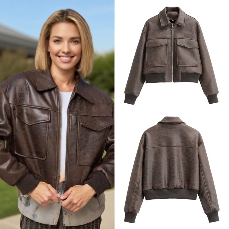 Hot-Selling Foreign Trade Wholesale Autumn New American Retro Faux Leather Pilot Lapel Pocket-Decorated Jacket Hot-Selling Foreign Trade Wholesale Autumn New American Retro Faux Leather Pilot Lapel Pocket-Decorated Jacket