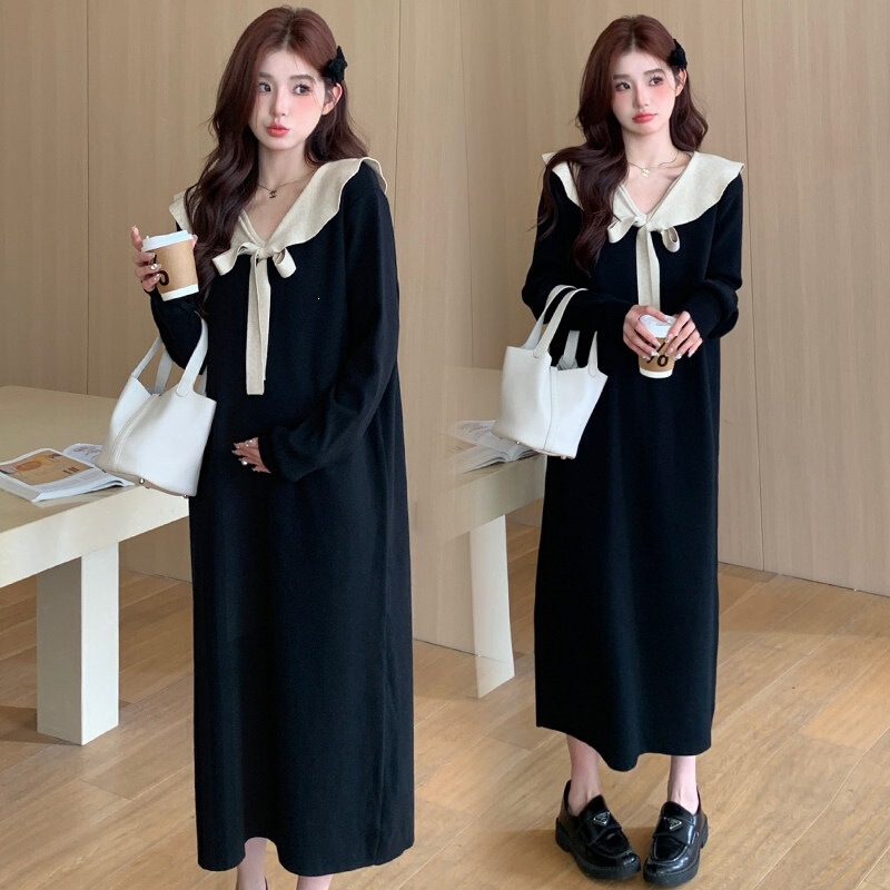 Maternity wear autumn new Korean style long dress, fashionable long-sleeved elegant doll collar slimming over-the-knee long dress Maternity wear autumn new Korean style long dress, fashionable long-sleeved elegant doll collar slimming over-the-knee long dress