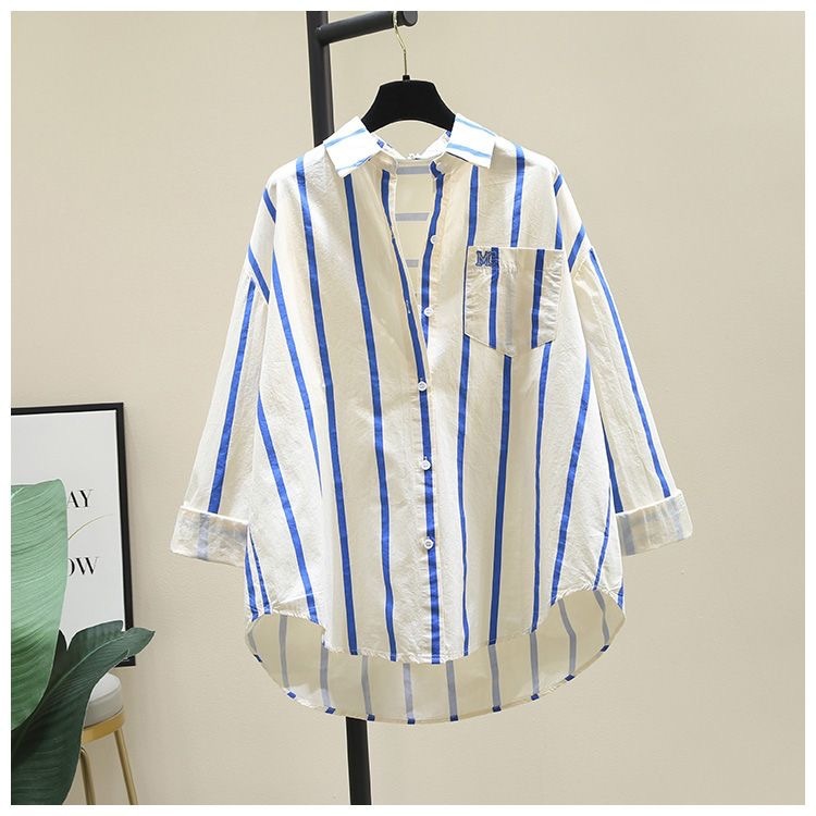棉2024春秋新款韩版小清新百搭开衫条纹印花单口袋宽松长袖衬衫女详情3